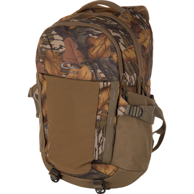 Drake Campus Backpack with leaf/marsh camo print, featuring adjustable straps, zippered pocket, and durable, water-repellent polyester, ideal for versatile outdoor use.