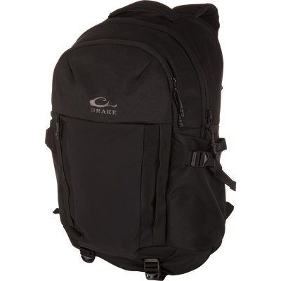 Black Drake Campus Backpack with multiple compartments, adjustable straps, and top handle, designed for durability, organization, and versatile everyday use.