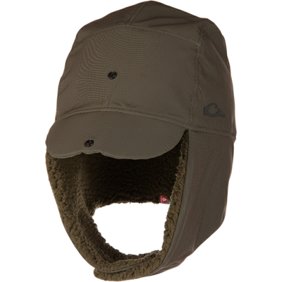 LST BMF Bomber Hat with Primaloft, featuring textured fabric, fold-down earflaps, fleece lining, snap-button brim, and Carhartt-style logo, designed for warmth and durability.