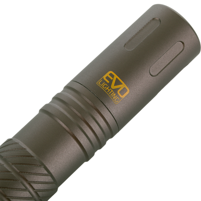 Close-up of the Lumen Flashlight EVO200, featuring textured grip rings and XEO LIGHTING logo, ideal for portable, powerful illumination with 200 lumen output.