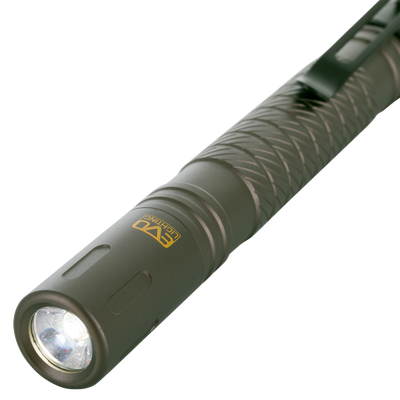 Lumen Flashlight EVO200, compact with a knurled grip, showcasing its LED lens and yellow logo, ideal for versatile, powerful illumination on outdoor adventures.