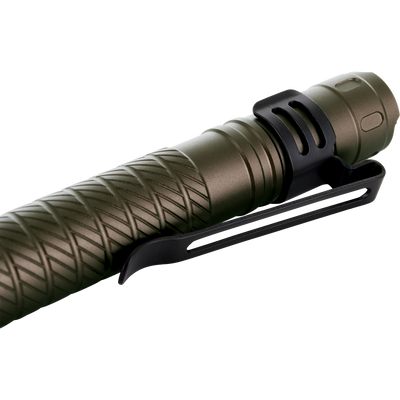 Lumen Flashlight EVO200 with textured olive-drab aluminum body, black pocket-clip, and knurled tail cap, perfect for compact, powerful illumination in outdoor adventures.