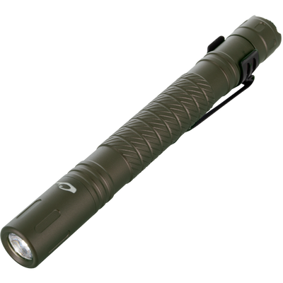 Lumen Flashlight EVO200, a compact pen-style tactical light with knurled grip and pocket clip, ideal for hunting gear with 200 lumens and waterproof rating.