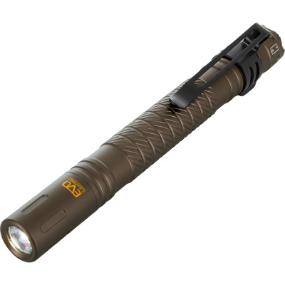 Lumen Flashlight EVO200, compact pen-style LED with an anodized knurled grip, pocket clip, and crenelated tail-cap, ideal for versatile outdoor illumination.