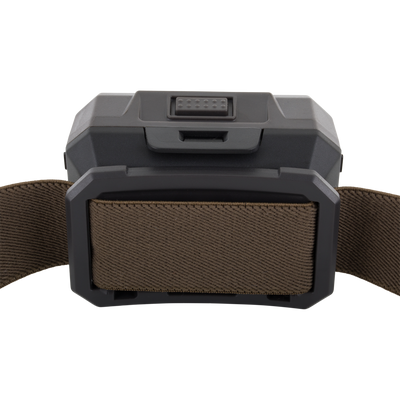 Lumen Headlamp EVO250 featuring a secure black plastic mount and adjustable brown woven strap, ideal for versatile outdoor use with various brightness settings.