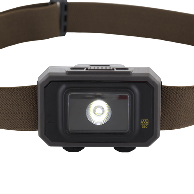 Lumen Headlamp EVO250 on adjustable elastic band, featuring central LED emitter. Ideal for versatile outdoor use with multiple brightness settings and dual-fuel capability.