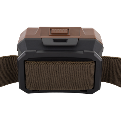 Lumen Headlamp EVO350 close-up: features a quick-release buckle with a textured brown push-button latch and black plastic frame, ideal for versatile, hands-free outdoor use.