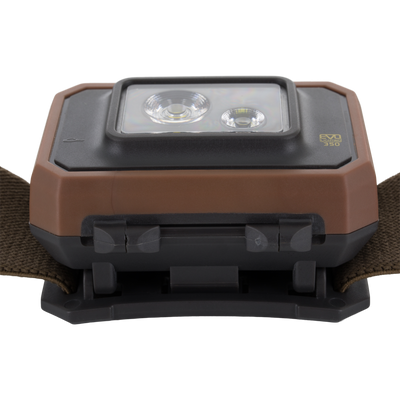 Lumen Headlamp EVO350 close-up showing dual lens/reflectors, brown-black housing, folding hinge, and part of adjustable strap for versatile outdoor use.