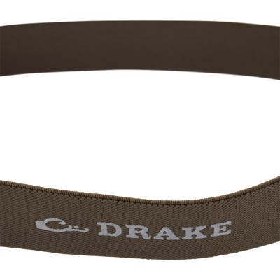 Close-up of Lumen Headlamp EVO350's woven strap, featuring DRAKE and logo, highlighting its durable design for versatile outdoor use in hunting and camping.