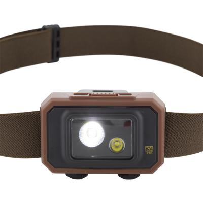 Lumen Headlamp EVO350 with dual LEDs and adjustable strap, ideal for versatile hands-free lighting in hunting or camping scenarios.