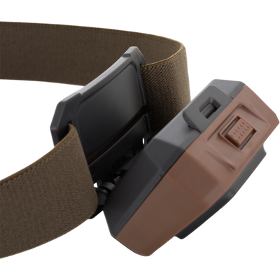 Lumen Headlamp EVO350 featuring an adjustable brown elastic headband with plastic clips, ideal for hands-free lighting in hunting or camping scenarios.