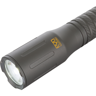 Lumen Flashlight EVO500 featuring a textured grip, knurled bezel, and yellow logo, ideal for hunting gear kits with its compact, waterproof design and multi-function settings.