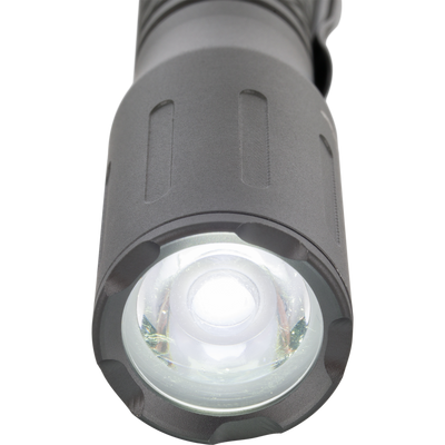 Close-up of Lumen Flashlight EVO500's head, highlighting the LED emitter and heat-dissipating barrel. Ideal for hunting, with 500 lumens and multi-function settings.