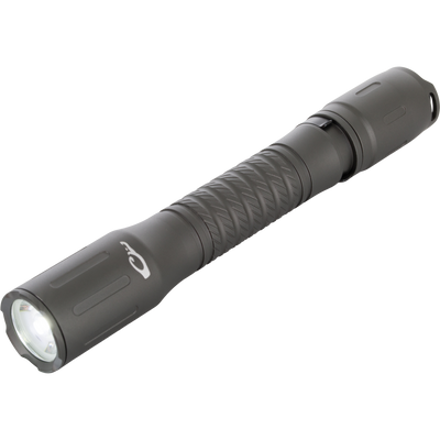 Lumen Flashlight EVO500 with textured grip, lens, and tail-cap, ideal for hunting gear; features 500 lumen output, multi-function tail switch, and waterproof design.