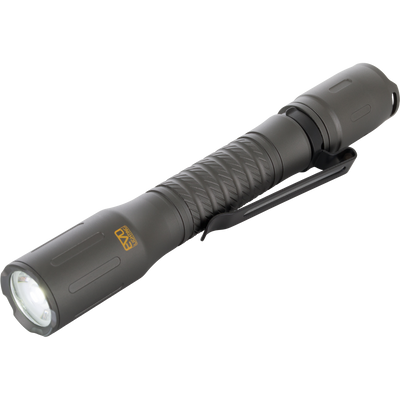 Lumen Flashlight EVO500, a compact tactical torch with knurled grip and pocket-clip, perfect for hunting gear, offering 500 lumen output and waterproof design.