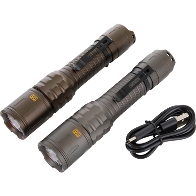 Lumen Flashlight EVO1000, metal-bodied with textured grip and pocket clip, USB-C rechargeable, ideal for outdoor and hunting use, shown with charging cable.