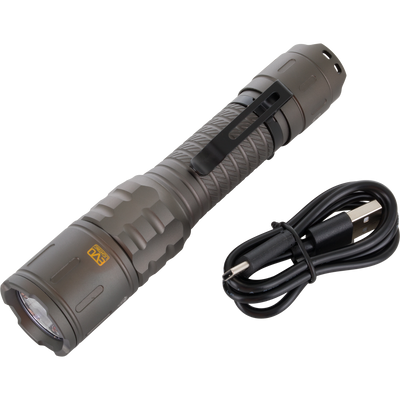Lumen Flashlight EVO1000 with ribbed grip, pocket clip, USB-C recharge cable; features 1000 lumens, multiple brightness settings, ideal for outdoor adventures and everyday use.
