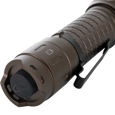 Lumen Flashlight EVO1000 with textured body, pocket clip, and push-button switch; features 1000 lumens, USB-C rechargeability, and waterproof design for versatile outdoor use.