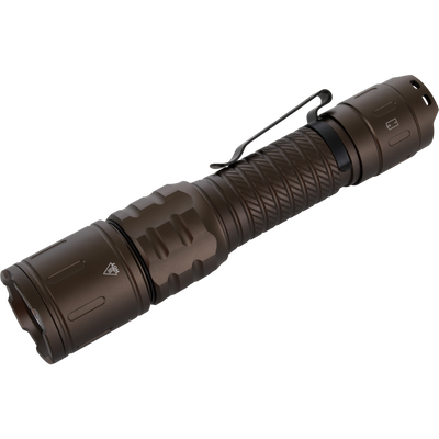 Lumen Flashlight EVO1000, tactical LED torch with knurled bronze anodized aluminum, pocket clip, and safety symbols; ideal for versatile outdoor use and hunting.