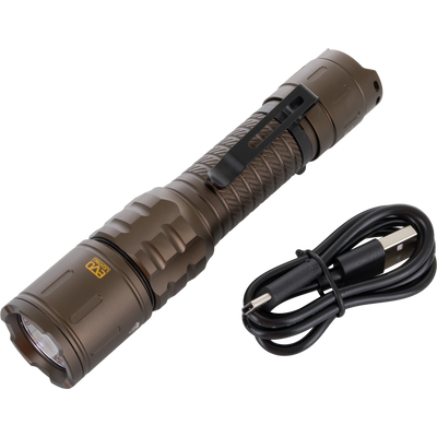 Lumen Flashlight EVO1000, bronze-colored, knurled metal design with pocket clip and USB cable, ideal for versatile use with multiple brightness settings and waterproof features.