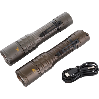 Lumen Turbo Flashlight EVO2200: Two metal flashlights with knurled grips, pocket-clips, USB-C cable; rugged, rechargeable, waterproof, ideal for high-performance lighting in challenging conditions.