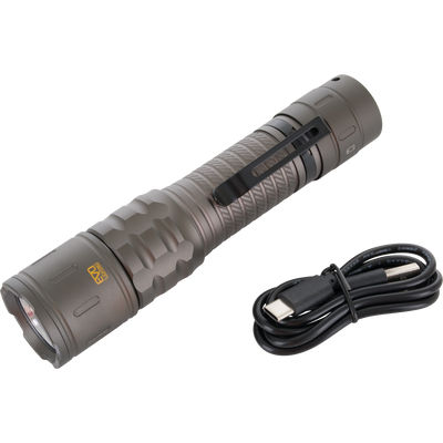 Lumen Turbo Flashlight EVO2200 with crenellated bezel, knurled grip, and USB-C cable, designed for high-performance lighting in rugged conditions.