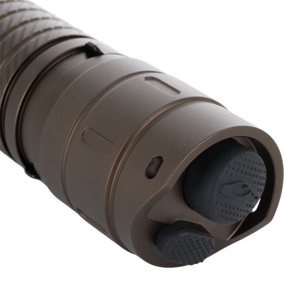 Lumen Turbo Flashlight EVO2200, featuring a bronze-tinted anodized metal body with knurled grip, rubber-booted tailcap switch, and dual tail switch for versatile lighting.