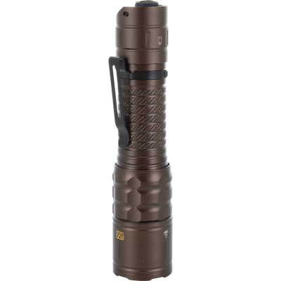 Lumen Turbo Flashlight EVO2200, showing knurled grip, detachable clip, and warning icons, ideal for demanding outdoor activities with 2200 lumen turbo mode and waterproof design.