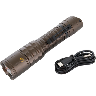 Lumen Turbo Flashlight EVO2200 with textured metal, spring-clip, USB-C charging cable; ideal for hunting with four brightness settings and rugged, waterproof construction.