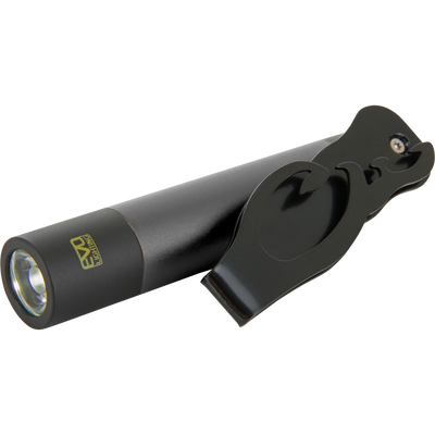 Compact black Cap Light in a mounting bracket, featuring a 360° pivoting clip, ideal for hands-free lighting on hat brims or visors.