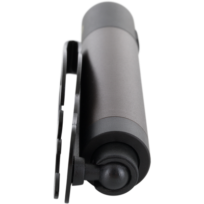 Close-up of the Cap Light's ball-and-socket mount, showcasing its cylindrical body and 360° pivoting clamp, ideal for hands-free lighting on hunting trips.