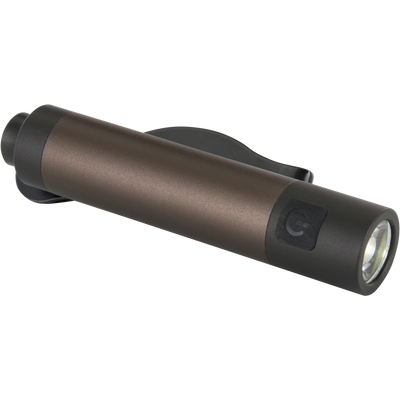 Cap Light: A compact, metal-finish LED flashlight with a 360° pivoting clip, mounted for hands-free use, ideal for hunting or outdoor activities.