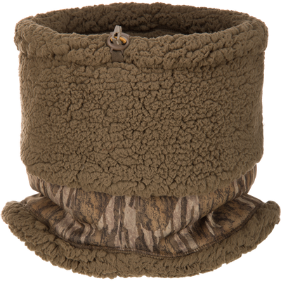 Olive green LST Sherpa Fleece Neck Gaiter featuring a drawstring toggle and an adjustable camouflage print panel at the base.