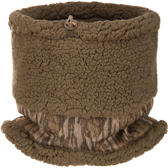 Olive green LST Sherpa Fleece Neck Gaiter featuring a drawstring toggle and an adjustable camouflage print panel at the base.