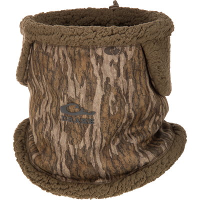 LST Sherpa Fleece Neck Gaiter in Mossy Oak Bottomland camo-patterned fleece with fuzzy olive green trim.