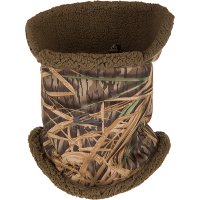 LST Sherpa Fleece Neck Gaiter in a camo-patterned, water-repellent design with a dark brown, textured Sherpa fleece lining.