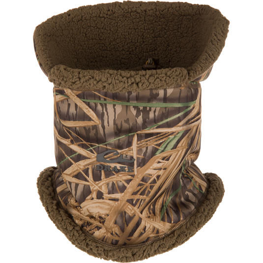 LST Sherpa Fleece Neck Gaiter in a camo-patterned, water-repellent design with a dark brown, textured Sherpa fleece lining.