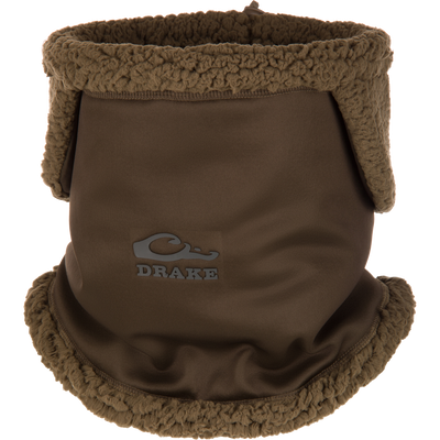 LST Sherpa Fleece Neck Gaiter in Green Timber featuring an adjustable fit, brown sherpa fleece trim, and a Drake logo on the front.