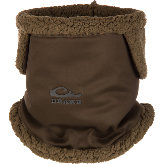 LST Sherpa Fleece Neck Gaiter in Green Timber featuring an adjustable fit, brown sherpa fleece trim, and a Drake logo on the front.