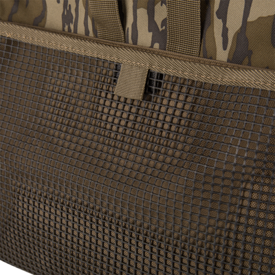 Close-up of Hardline Shoulder Blind Bag showing mesh back panel, nylon webbing, and pull-tab designed for durable, waterproof storage in waterfowl hunting conditions.