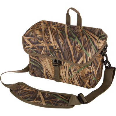 Drake Hardline Blind Bag in wetland-grass camouflage, features adjustable strap, buckle flap, clip-in hardware, ideal for waterfowl hunters to protect and organize gear.