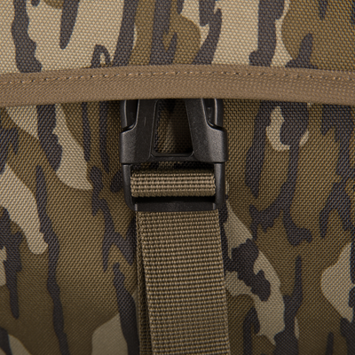 Close-up of the Hardline Blind Bag's camouflage fabric and secure side-release buckle, highlighting its durability and weather-resistant features for waterfowl hunting.