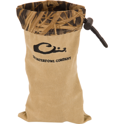 Waxed Canvas Shell Pouch with camo-patterned cuff and THE WATERFOWL COMPANY logo, featuring a durable, waterproof design ideal for outdoor use.