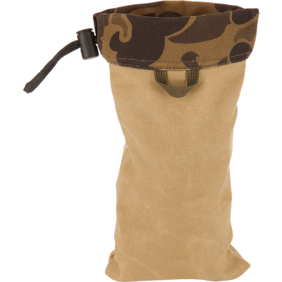 Waxed Canvas Shell Pouch with camo cuff and draw-cord closure, crafted for durability and waterproof protection, ideal for outdoor storage and hunting essentials.
