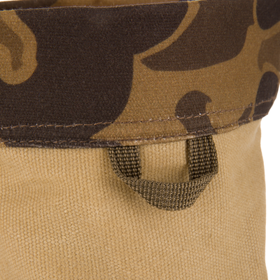 Waxed Canvas Shell Pouch with camo-patterned fleece-lined rim, durable waxed canvas, and webbing loop, ideal for storing essentials or ammunition in rugged outdoor conditions.