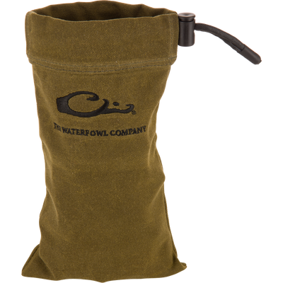 Waxed Canvas Shell Pouch with embroidered logo, featuring durable, waterproof waxed cotton, designed for outdoor essentials or ammunition, highlighted by a drawstring closure and black cord lock.