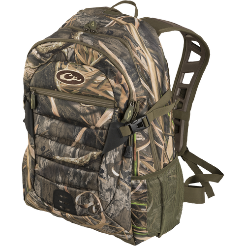 Youth Camo Daypack - Mossy Oak Shadow Grass Habitat: A backpack with a strap, logo, zipper, and buckle. Ideal for travel.