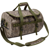 Waterproof Duffel Bag with camouflage print, featuring sturdy handles, adjustable strap, Molle loops, and secure zippers, ideal for protecting gear during hunting or travel.