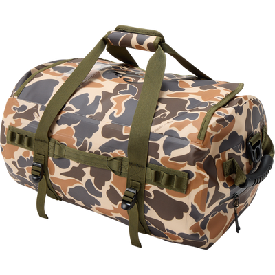 Waterproof Duffel Bag with camouflage pattern, olive-green straps, zippered end pocket, and Molle loops, designed for durability and secure storage in outdoor activities.
