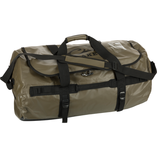 Waterproof Duffel Bag with Molle loops, YKK zippers, and molded handles for secure storage and easy travel. 80L